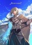  1boy absurdres armor bedivere blonde_hair braid breastplate cape character_name closed_mouth cloud fate/grand_order fate_(series) gauntlets green_eyes highres holding holding_sword holding_weapon knight long_hair looking_to_the_side male_focus na70413 outdoors ponytail prosthesis prosthetic_arm sky solo sword weapon white_cape 