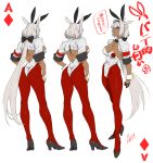  1girl alternate_costume animal_ears azusa_(hws) back_tattoo blue_eyes bow breasts bunny_ears bunny_tail bunnysuit caenis_(fate) chest_tattoo cleavage commentary_request detached_collar diamond_(shape) fate/grand_order fate_(series) flower full_body hair_bow high_heels highres leotard long_hair looking_at_viewer multiple_views pantyhose rose speech_bubble standing strapless strapless_leotard tail tattoo translation_request very_long_hair wrist_cuffs 