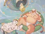  2020 absurd_res anthro belly bulge butt clothing felid fur group hi_res hombretigre humanoid_hands kemono licho_(tas) magan male mammal moobs nipples one_eye_closed orange_body orange_fur overweight overweight_male pantherine seamonsterping swimwear tiger tokyo_afterschool_summoners video_games water white_body white_fur wink 
