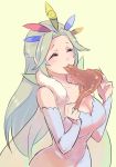  blush breasts closed closed_eyes eating food frills fur_collar grey_hair hair_ornament happy jiayu_long large_breasts meat meden patapon 