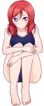  1girl bangs barefoot blue_swimsuit blush closed_mouth collarbone full_body hair_between_eyes long_hair love_live! love_live!_school_idol_project nishikino_maki purple_eyes red_hair school_swimsuit shiny shiny_hair simple_background sitting solo swimsuit w wewe white_background 
