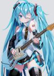  1girl ahoge arm_tattoo bare_shoulders blue_eyes blue_hair breasts commentary_request cowboy_shot detached_sleeves grey_background guitar hair_between_eyes hatsune_miku highres holding instrument long_hair looking_at_viewer one_eye_closed simple_background skirt small_breasts smile solo standing takepon1123 tattoo thighhighs twintails very_long_hair vocaloid zettai_ryouiki 