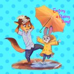  1:1 2020 anthro blue_background canid canine clothed clothing coat disney dotted_background duo english_text female fox fully_clothed fur grey_body grey_fur hi_res holding_object judy_hopps lagomorph leporid male mammal mcgl618 nick_wilde open_mouth open_smile orange_body orange_fur pattern_background rabbit raincoat red_fox signature simple_background smile text topwear water zootopia 