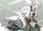  1boy armor bedivere blonde_hair braid breastplate cape closed_mouth fate/grand_order fate_(series) gauntlets green_eyes grey_background knight long_hair looking_to_the_side male_focus mujou_(mjoysk) ponytail prosthesis prosthetic_arm simple_background solo standing white_cape 
