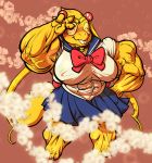  alphys anthro barefoot big_breasts big_muscles blush body_outline bottomwear bow_ribbon breasts buckteeth claws clothed clothing cosplay eyes_closed eyewear female floral_background front_view furry_(artist) gesture glasses hand_on_hip headgear headwear huge_breasts huge_muscles muscular muscular_female nipple_outline non-mammal_breasts pose reptile sailor_fuku sailor_moon_(character) sailor_moon_(series) scales scalie shirt short_stack simple_background skirt smile solo spines standing tail_spines teeth thick_tail tight_clothing tight_shirt tight_topwear topwear undertale v_sign video_games yellow_body yellow_scales 