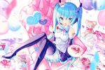  aqua_eyes aqua_hair cropped crown flowers food fruit hatsune_miku headphones ikari_(aor3507) long_hair microphone ribbons rose skirt strawberry tattoo teddy_bear thighhighs twintails vocaloid waifu2x 