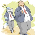  1:1 2012 anthro belly black_nose blue_body blue_fur blush bottomwear brown_body brown_fur canid canine canis clothing domestic_dog duo emufu eyes_closed fur kemono male mammal necktie overweight overweight_male pants shirt topwear white_body white_fur 