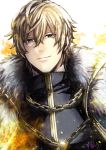  1boy armor blonde_hair blue_cape blue_eyes cape collared_cape fate/extra fate/grand_order fate_(series) fire fur_collar gawain_(fate/extra) highres knight knights_of_the_round_table_(fate) looking_at_viewer male_focus short_hair signature simple_background smile solo suou_mr upper_body white_background 