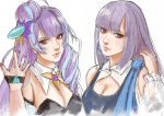  2girls absurdres bangs breasts cleavage crossover detached_collar gundam gundam_zz hair_bun hand_in_hair highres looking_to_the_side macross macross_delta medium_breasts mikumo_guynemer multiple_girls nekkikamille purple_hair red_eyes roux_louka walkure_(macross_delta) white_background 