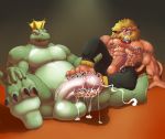  absurd_res anthro balls big_balls big_penis bodily_fluids bottomwear clothed clothing crocodile crocodilian crocodylid crown cum cum_on_chest cum_on_feet digimon digimon_(species) duo feet felid foot_fetish foot_play footjob genital_fluids genitals hi_res huge_filesize huge_penis king_tangu leomon lion male male/male mammal open_bottomwear open_clothing open_pants orgasm pantherine pants penis reptile scalie sex x-zudomon 