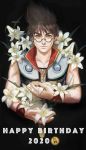  1boy absurdres black_background brown_hair flower glasses happy_birthday highres holding holding_flower looking_at_viewer macross macross_7 male_focus nekki_basara nekkikamille round_eyewear solo yellow_eyes 