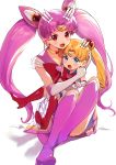  2girls absurdres age_regression aki_(mare_desiderii) bishoujo_senshi_sailor_moon blonde_hair blush boots chibi_usa choker crescent crescent_earrings double_bun earrings elbow_gloves full_body gloves hair_ornament heart heart_choker highres jewelry long_hair looking_at_viewer multiple_girls older open_mouth pink_footwear pink_hair pleated_skirt red_eyes red_footwear sailor_chibi_moon sailor_moon sailor_senshi sailor_senshi_uniform simple_background sitting sitting_on_lap sitting_on_person skirt super_sailor_chibi_moon super_sailor_moon tsukino_usagi twintails white_background younger 