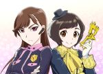  2girls black_hair breasts brown_eyes brown_hair closed_mouth gloves hayami_umika kaitou_sentai_lupinranger_vs._keisatsu_sentai_patranger looking_at_viewer multiple_girls myoujin_tsukasa short_hair smile super_sentai ueyama_michirou 