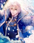  1boy armor black_gloves blonde_hair blue_cape blue_eyes cape collared_cape eyebrows eyebrows_visible_through_hair fate/extra fate/grand_order fate_(series) flower fur_collar gauntlets gawain_(fate/extra) gloves knight knights_of_the_round_table_(fate) long_sleeves looking_at_viewer male_focus miyata_mozuku parted_lips petals short_hair smile solo upper_body 