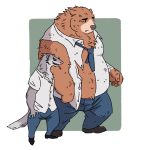  1:1 2017 anthro belly bottomwear brown_body brown_fur clothing duo fur gadoran kemono male mammal necktie overweight overweight_male pants shirt simple_background smoking topwear ursid 