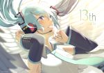  1girl angel_wings aqua_eyes aqua_hair aqua_nails aqua_neckwear armpits bangs bare_shoulders black_sleeves blurry_foreground blush breasts collared_shirt commentary dated detached_sleeves eyebrows_visible_through_hair floating_hair grin hair_between_eyes hair_ornament halo hatsune_miku headset long_hair looking_up medium_breasts nail_polish necktie nokuhashi number shirt sidelocks signature simple_background sleeveless sleeveless_shirt smile solo twintails upper_body very_long_hair vocaloid white_background wings 