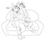  anthro bottomwear canid canine canis chips_(disambiguation) clothing eating furniture kobi_lacroix male mammal monochrome multi_head multi_leg multi_limb pants shirt sitting snacks sofa solo speech_bubble text topwear wolf 