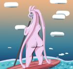  anthro big_butt butt digital_media_(artwork) dragon female gastropod goodra goopyarts_(artist) green_eyes hi_res looking_at_viewer mollusk nintendo nude pok&eacute;mon pok&eacute;mon_(species) simple_background slightly_chubby slug smile solo thick_thighs video_games water 