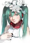  1girl black_nails blue_eyes blue_hair close-up flower hair_between_eyes hair_flower hair_ornament hand_on_own_chest hatsune_miku looking_at_viewer nekkikamille solo twintails vocaloid 