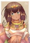  1girl absurdres armlet bangs bare_shoulders breasts brown_hair circlet cleavage dark_skin egyptian egyptian_clothes eyebrows_visible_through_hair fizdis gem gold green_eyes hair_ornament highres jewelry large_breasts li_king midriff navel open_mouth solo yuu-gi-ou 