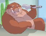  anthro belly brown_body brown_fur detailed_background fur gadoran humanoid_hands inside kemono male mammal overweight overweight_male sitting solo suid suina sus_(pig) wild_boar 