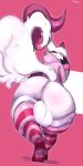  2020 absurd_res alternate_color anthro backsack balls big_balls big_butt black_eyes bottomless butt clothed clothing fan_character fluffy fluffy_tail fur genitals hi_res legwear looking_at_viewer looking_back male multicolored_body multicolored_fur nintendo pattern_clothing pattern_legwear pink_background pink_body pink_fur pok&eacute;mon pok&eacute;mon_(species) raised_tail rear_view red_sclera simple_background smile solo standing stockings striped_clothing striped_legwear striped_stockings stripes sweater thick_thighs toothy_grin topwear two_tone_body two_tone_fur unknown_character uromatsu video_games white_body white_fur zangoose 