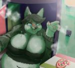  4_fingers absurd_res anthro belly black_hair blue_eyes breasts canid canine canis cleavage clothed clothing female fingers fur hair hi_res highlights_(coloring) hoshino_kedama inside mammal open_mouth overweight overweight_anthro overweight_female pawpads solo tongue topwear wolf 