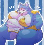  anthro belly belly_grab big_belly big_breasts black_nose blue_body blue_fur blue_hair bodily_fluids breasts canid canine clothed clothing female fox fur green_eyes hair hand_on_stomach hi_res hoshino_kedama krystal mammal nintendo obese obese_anthro obese_female open_mouth overweight overweight_anthro overweight_female solo star_fox sweat sweatdrop tongue tongue_out video_games 
