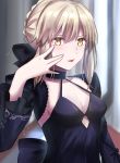  absurdres artoria_pendragon_(all) blonde_hair blurry blurry_background blush breasts choker cleavage commentary_request dress eyebrows_visible_through_hair fate/grand_order fate_(series) hair_between_eyes hair_bun highres long_hair looking_at_viewer saber_alter sii_artatm small_breasts tongue tongue_out upper_body yellow_eyes 