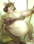  anthro belly big_belly bodily_fluids bra breasts broom brown_hair canid canine clothing eyewear female glasses hair hi_res holding_object hoshino_kedama mammal navel obese obese_anthro obese_female overweight overweight_anthro overweight_female purple_eyes solo sweat tongue tongue_out underwear 