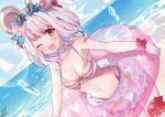  1girl ;d animal_ears bangs bare_shoulders beach bikini bikini_skirt blue_flower blue_sky blush breasts cloud collarbone detached_collar eyebrows_visible_through_hair eyewear_on_head fake_animal_ears flower granblue_fantasy hair_flower hair_ornament highleg highleg_bikini innertube looking_at_viewer medium_breasts mouse_ears navel omuretsu one_eye_closed open_mouth outdoors purple_flower red_eyes short_hair silver_hair sky smile solo star-shaped_eyewear striped striped_bikini sunglasses swimsuit vikala_(granblue_fantasy) water wrist_cuffs 