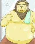  2012 4:5 anthro belly blush emufu felid humanoid_hands kemono lion male mammal obese obese_anthro obese_male overweight overweight_anthro overweight_male pantherine solo towel 