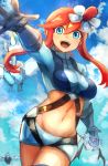  1girl :d bangs belt blue_belt blue_eyes blue_gloves blue_jacket blue_shorts blue_sky breasts cloud commentary_request cowboy_shot day elbow_gloves eyebrows_behind_hair fuuro_(pokemon) gen_5_pokemon gloves groin gym_leader hair_between_eyes hair_ornament hatano_kiyoshi jacket large_breasts long_sleeves looking_at_viewer midriff navel one_side_up open_mouth outstretched_arm pilot_suit pokemon pokemon_(creature) pokemon_(game) pokemon_bw red_hair short_shorts shorts sidelocks sky smile solo_focus standing swanna swoobat thigh_pouch unfezant unfezant_(female) upper_teeth 