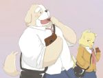  2012 4:3 absurd_res anthro blush bottomwear canid canine canis clothing domestic_dog duo eating emufu eyes_closed food hi_res kemono male mammal necktie overweight overweight_male pants shirt simple_background topwear 