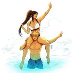  1boy 1girl abs alternate_hairstyle beach bikini black_hair blonde_hair breasts carrying cleavage cloud_strife final_fantasy final_fantasy_vii holding holding_hair jen_bartel large_breasts long_hair male_swimwear partially_submerged ponytail smile spiked_hair swim_trunks swimsuit swimwear tifa_lockhart water waving white_bikini 