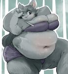  absurd_res anthro belly big_belly big_breasts black_nose blue_eyes bodily_fluids breasts canid canine clothed clothing female fur grey_body grey_fur grey_hair hair hi_res hoshino_kedama mammal navel obese obese_anthro obese_female overweight overweight_anthro overweight_female solo sweat 