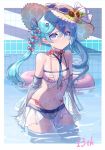  1girl absurdres anniversary bikini blue_eyes blue_hair blue_neckwear commentary cowboy_shot detached_sleeves eyewear_on_headwear hair_between_eyes hair_ornament hairclip hat hatsune_miku highres innertube lajiang long_hair looking_at_viewer navel necktie partially_submerged pool see-through skirt solo striped striped_bikini sun_hat swimsuit twintails vocaloid wading water 