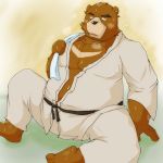  1:1 2012 anthro bodily_fluids bottomwear brown_body brown_fur clothing emufu fur juuichi_mikazuki kemono male mammal morenatsu overweight overweight_anthro overweight_male pants sitting solo sweat ursid video_games visual_novel 