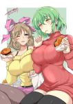  2girls ;) aoi_manabu black_legwear blue_eyes blush breasts curly_hair eating food french_fries green_hair hair_ribbon hamburger haruka_(senran_kagura) hikage_(senran_kagura) impossible_clothes impossible_sweater large_breasts light_brown_hair long_sleeves multiple_girls off-shoulder_sweater off_shoulder one_eye_closed pantyhose parted_lips ribbed_sweater ribbon senran_kagura smile sweater thighhighs turtleneck turtleneck_sweater yellow_eyes zettai_ryouiki 