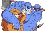  2017 anthro belly blue_body blue_fur blush brown_body brown_fur dragon_quest duo fur gadoran hug kemono male mammal orc_(dragon_quest) orc_king_(dragon_quest) overweight overweight_male simple_background square_enix suid suina sus_(pig) video_games weapon white_background wild_boar 