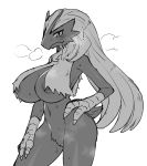  anthro areola blaziken bodily_fluids breasts female front_view genitals hand_on_hip hand_on_leg hi_res katuu looking_at_viewer monochrome nintendo nude pok&eacute;mon pok&eacute;mon_(species) portrait pose pussy scuted_arms simple_background solo sweat three-quarter_portrait three-quarter_view video_games white_background 
