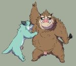  2015 anthro armpit_sniffing balls belly blue_body blue_fur blush brown_body brown_fur duo eyes_closed fur gadoran genitals kemono male male/male mammal moobs nipples overweight overweight_male penis simple_background sniffing suid suina sus_(pig) wild_boar 
