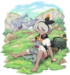  1girl absurdres bag bangs barefoot black_bodysuit black_hairband bodysuit bodysuit_under_clothes candy chocolate chocolate_bar cloud collared_shirt commentary_request day dynamax_band eyelashes food gen_1_pokemon gloves grass grey_eyes grey_hair gunjima_souichirou gym_leader hair_between_eyes hairband highres knee_pads machamp machoke machop outdoors pokemon pokemon:_twilight_wings pokemon_(anime) pokemon_(creature) print_shirt print_shorts rock saitou_(pokemon) sandals sandals_removed shirt short_hair short_sleeves shorts single_glove sitting sky teeth toes 