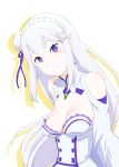  1girl breasts closed_mouth dress emilia_(re:zero) hair_ornament long_hair looking_at_viewer pointy_ears purple_eyes re:zero_kara_hajimeru_isekai_seikatsu silver_hair simple_background smile solo ueyama_michirou white_background 