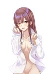  1girl :d absurdres bangs blush breasts collar collarbone collared_shirt dress_shirt eyebrows_visible_through_hair groin highres idolmaster idolmaster_shiny_colors long_hair long_sleeves looking_at_viewer mossan_(mossan-777) navel no_bra no_panties no_pants oosaki_amana open_clothes open_mouth open_shirt orange_eyes red_hair shirt simple_background small_breasts smile solo upper_body upper_teeth white_background white_collar white_shirt 