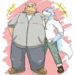  1:1 2012 anthro blue_body blue_fur blush bottomwear brown_body brown_fur canid canine canis clothing domestic_dog duo emufu eyes_closed fur hug humanoid_hands kemono male male/male mammal overweight overweight_male pants shirt topwear white_body white_fur 
