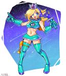  1girl blue_eyes boots breasts cosplay crop_top elbow_gloves gloves headset highres long_hair looking_at_viewer mario_(series) microphone midriff miniskirt navel oomasa_teikoku open_mouth rosalina skirt smile solo space_channel_5 thigh_boots thighhighs ulala ulala_(cosplay) 
