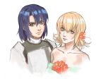  1boy 1girl athrun_zala blonde_hair blue_hair cagalli_yula_athha dress flower green_dress green_eyes gundam gundam_seed hair_flower hair_ornament looking_to_the_side nekkikamille white_background yellow_eyes 