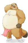  2012 2:3 anthro asian_clothing belly blush brown_body brown_fur bulge canid canine clothing east_asian_clothing emufu fundoshi fur hi_res humanoid_hands japanese_clothing kemono male mammal obese obese_anthro obese_male overweight overweight_anthro overweight_male raccoon_dog simple_background solo tanuki underwear white_background 