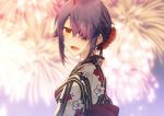  1girl alternate_costume alternate_hairstyle bangs blush breasts brown_eyes commentary_request eyebrows_visible_through_hair eyepatch fireworks floral_print from_behind hair_over_one_eye happy japanese_clothes kantai_collection kimono kotobuki_(momoko_factory) large_breasts looking_at_viewer purple_hair short_hair sidelocks smile solo swept_bangs tenryuu_(kantai_collection) twitter_username white_kimono 